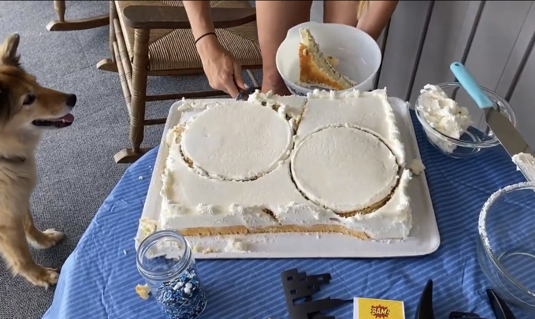 Batman cake out of a Costco sheet cake I put in an order for 2 days prior. You can choose to save the pieces you've cut. 