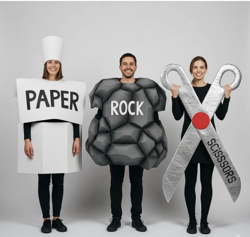 Paper, rock and scissors trioi halloween costumes