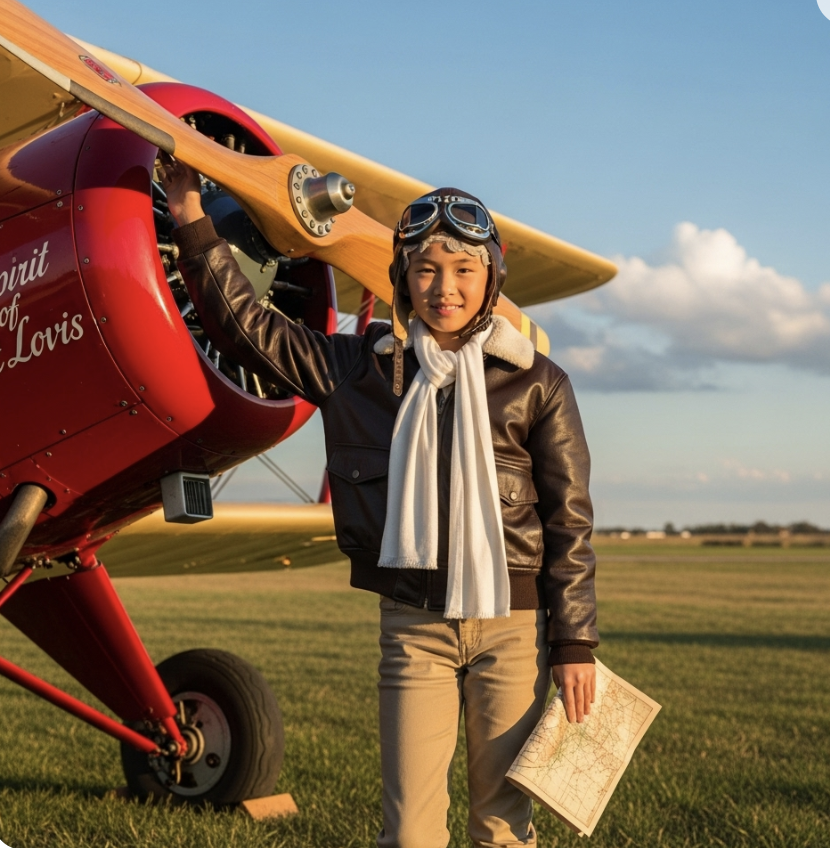 9-year-old girl dressed up in a pilot outfit